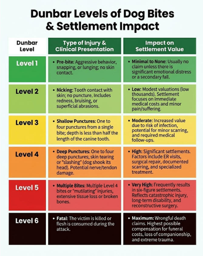 Dunbar dog bite settlements showing levels and impact of bite